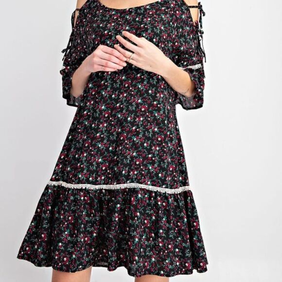 NEW! PRETTY PRINTED LACE UP SLEEVES RAYON CHALLIE RUFFLED BOTTOM DRESS - Picture 5 of 5